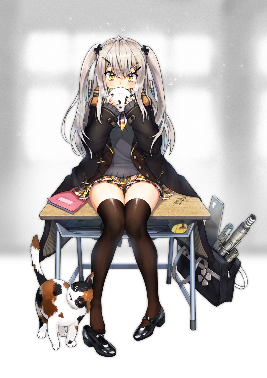 88_flak_(ash_arms) absurdres alternate_costume ash_arms bag baozi black_legwear cat commentary_request eating food full_body hair_ornament highres jacket looking_at_viewer noixen scarf school_bag school_uniform sitting table thigh-highs twintails yellow_eyes