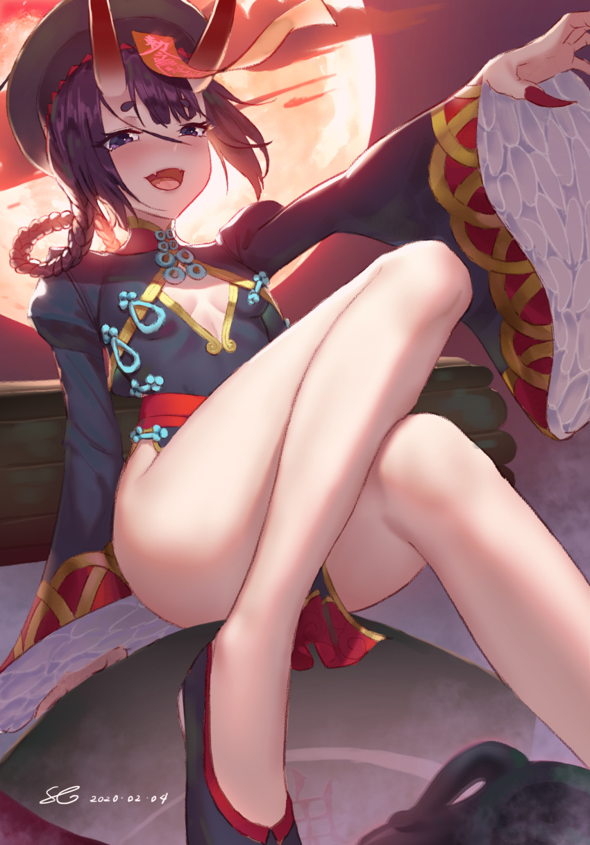 1girl absurdres bangs black_dress black_footwear black_headwear blush breasts china_dress chinese_clothes cleavage_cutout dress eyeliner fang fate/grand_order fate_(series) frills full_moon hair_rings hat heroic_spirit_festival_outfit highres jiangshi legs long_sleeves looking_at_viewer makeup moon ofuda oni oni_horns open_mouth pelvic_curtain purple_hair qing_guanmao sash shadowgrave short_eyebrows short_hair shuten_douji_(fate/grand_order) skin-covered_horns small_breasts smile solo thighs violet_eyes wide_sleeves