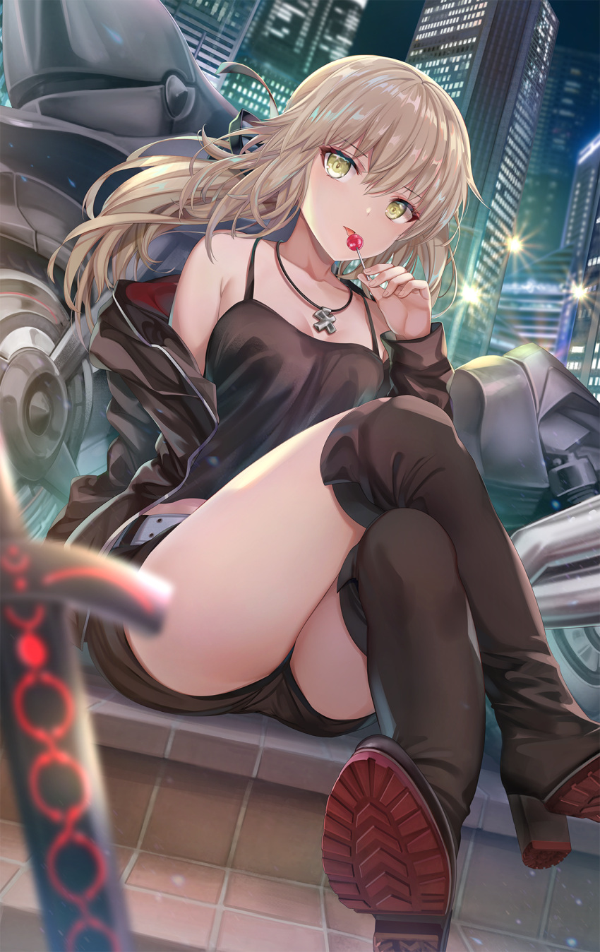 1girl artoria_pendragon_(all) bangs bare_shoulders belt black_camisole black_footwear black_jacket black_ribbon black_shorts blonde_hair blush boots breasts candy cityscape collarbone commentary_request cross cross_necklace crossed_legs dark_excalibur fate/grand_order fate_(series) food ground_vehicle hair_between_eyes hair_ribbon high_heel_boots high_heels highres jacket jet_black_king_of_knights_ver._shinjuku_1999 jewelry knee_boots licking lollipop long_hair long_sleeves looking_at_viewer low_ponytail motor_vehicle motorcycle necklace night night_sky off_shoulder open_clothes open_jacket revision ribbon saber_alter short_shorts shorts sidelocks sitting sky small_breasts solo sword thighs tongue tongue_out torino_akua weapon white_belt yellow_eyes