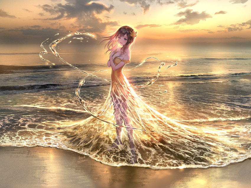1girl bare_shoulders beach brown_hair clouds commentary crossed_arms dress foomidori full_body hair_ornament hands_on_own_chest highres long_hair looking_at_viewer ocean off_shoulder orange_dress original scenery sky solo standing sunset water