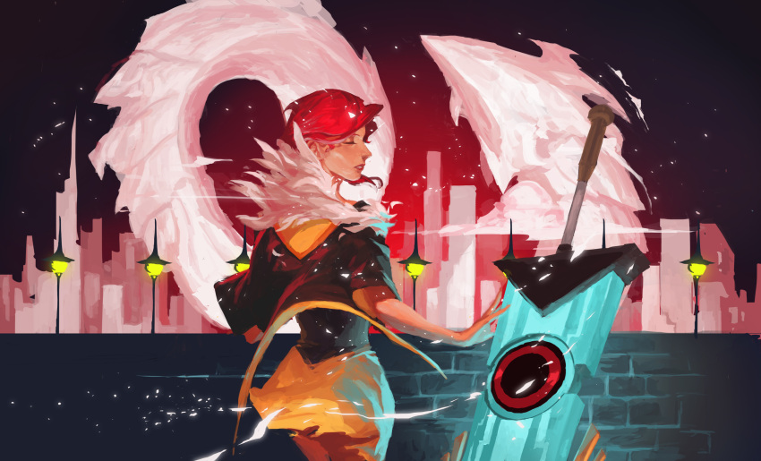 1girl absurdres cityscape closed_eyes commentary cyberpunk english_commentary feather_collar glowing glowing_sword glowing_weapon highres huge_weapon joy_lan lips lipstick makeup nose planted_sword planted_weapon red_(transistor) redhead short_hair sword the_transistor transistor_(game) weapon