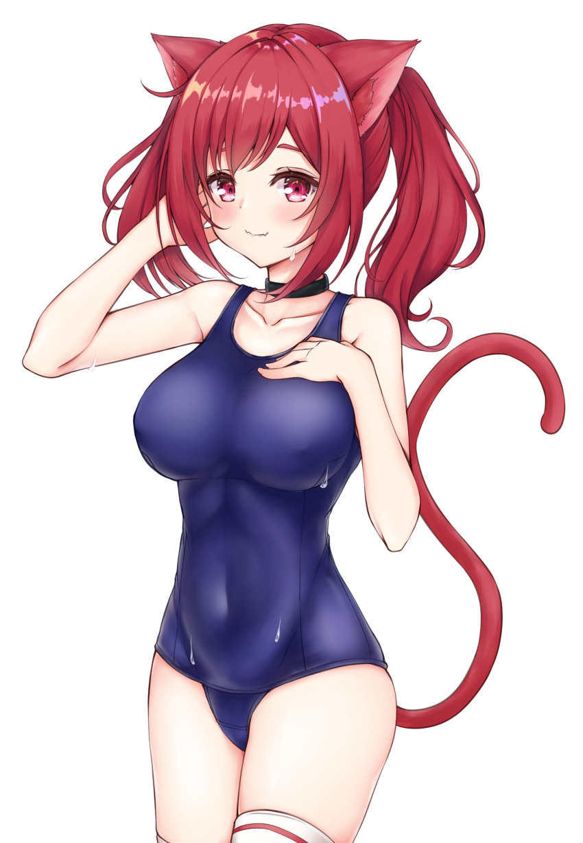 1girl absurdres animal_ears arm_up azur_lane bare_arms bare_shoulders benedia blue_swimsuit breasts cat_ears cat_girl cat_tail choker collarbone commentary_request competition_swimsuit covered_navel cowboy_shot crotch_seam fangs hand_on_own_chest highres i-19_(azur_lane) large_breasts long_hair looking_at_viewer one-piece_swimsuit red_eyes redhead simple_background skindentation smile solo sweatdrop swimsuit tail thigh-highs thighs twintails white_background white_legwear