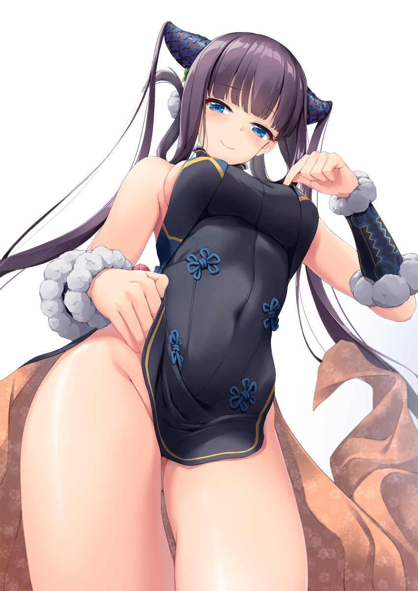 1girl awa_yume bangs bare_shoulders black_dress blue_eyes blunt_bangs blush breast_poke breasts china_dress chinese_clothes closed_mouth covered_navel detached_sleeves dress fate/grand_order fate_(series) floral_print from_below hair_ornament highres large_breasts leaf_hair_ornament long_hair looking_at_viewer looking_down perspective poking purple_hair sidelocks simple_background smile solo thighs twintails very_long_hair white_background yang_guifei_(fate/grand_order)