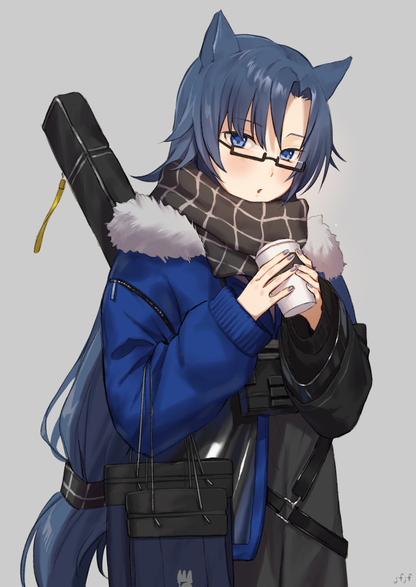 1girl absurdres alternate_costume animal_ears arknights artist_name bag bangs bespectacled black-framed_eyewear black_scarf blue_eyes blue_hair blue_jacket blush commentary_request cup eyebrows_visible_through_hair fang_(arknights) fur-trimmed_jacket fur_trim glasses grey_background grey_nails hair_between_eyes hands_up highres holding holding_cup jacket jfjf long_hair long_sleeves looking_at_viewer low-tied_long_hair nail_polish parted_lips partial_commentary scarf signature simple_background solo upper_body very_long_hair