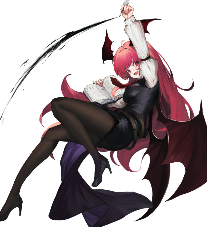 1girl :d ahoge arm_up bangs belt black_dress black_footwear black_legwear book breasts commentary demon_wings dress fang feathers head_tilt head_wings heoningu high_heels highres holding holding_book holding_feather juliet_sleeves koakuma long_hair long_sleeves looking_at_viewer medium_breasts necktie open_mouth pantyhose puffy_sleeves red_eyes red_neckwear redhead shirt short_dress side_slit simple_background smile solo symbol_commentary thighs touhou very_long_hair white_background white_shirt wings