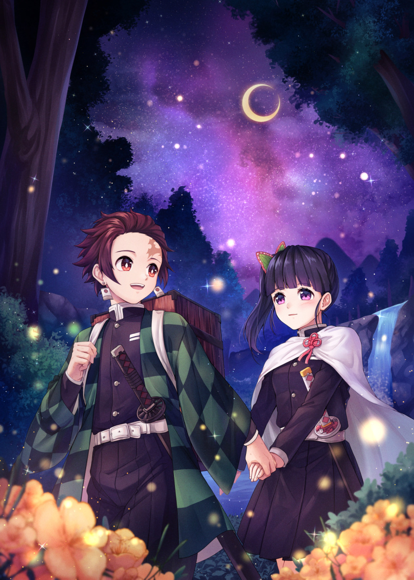 1boy 1girl :d black_hair black_hakama black_jacket black_skirt blurry_foreground brown_hair burn_mark butterfly_hair_ornament checkered_haori closed_mouth earrings eye_contact flower forest hair_ornament hakama highres holding_hands jacket japanese_clothes jewelry kamado_tanjirou kimetsu_no_yaiba long_sleeves looking_at_another medium_skirt military military_jacket military_uniform nature night night_sky open_mouth pleated_skirt plus1024 purple_sky red_eyes sheath sheathed shiny shiny_hair short_hair side_ponytail skirt sky smile sparkle star_(sky) starry_sky sword tsuyuri_kanao uniform violet_eyes water waterfall weapon yellow_flower