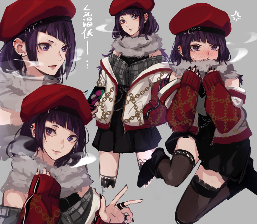 1girl absurdres bangs beret black_legwear black_nails blush cellphone diagonal_bangs dress hat highres idolmaster idolmaster_shiny_colors jewelry multiple_views off_shoulder oone0206 phone purple_hair ring scarf sleeves_past_wrists smartphone smile sweatdrop tanaka_mamimi thigh-highs violet_eyes