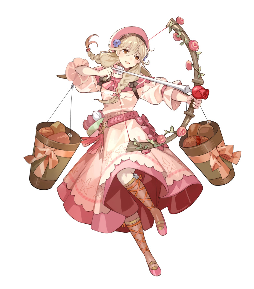 1girl arrow bangs belt bow_(weapon) braid brown_eyes brown_legwear dress faye_(fire_emblem) fire_emblem fire_emblem_echoes:_shadows_of_valentia fire_emblem_heroes floral_print food full_body hat highres holding holding_bow_(weapon) holding_weapon light_brown_hair long_dress long_hair official_art pink_dress puffy_short_sleeves puffy_sleeves quiver shiny shiny_hair shoes short_sleeves socks solo tied_hair transparent_background twin_braids twintails weapon