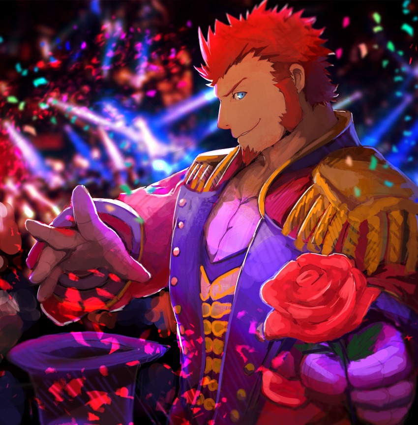1boy absurdres alternate_costume beard blue_eyes brown_hair chest epaulettes facial_hair fate/grand_order fate_(series) flower gloves hat highres huge_filesize long_sleeves looking_at_viewer male_focus muscle napoleon_bonaparte_(fate/grand_order) pectorals petals red_flower red_rose rose simple_background smile solo stage_lights uniform user_tpue3428