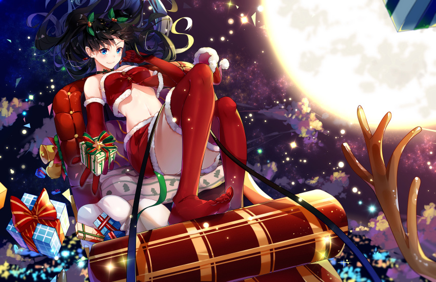 1girl absurdres antlers ass bangs bare_shoulders black_hair blue_eyes blush commentary fate/stay_night fate_(series) gift highres kotatsu_kaya long_hair moon navel no_shoes red_legwear red_skirt reindeer_antlers ribbon skirt smile solo thigh-highs toosaka_rin two_side_up