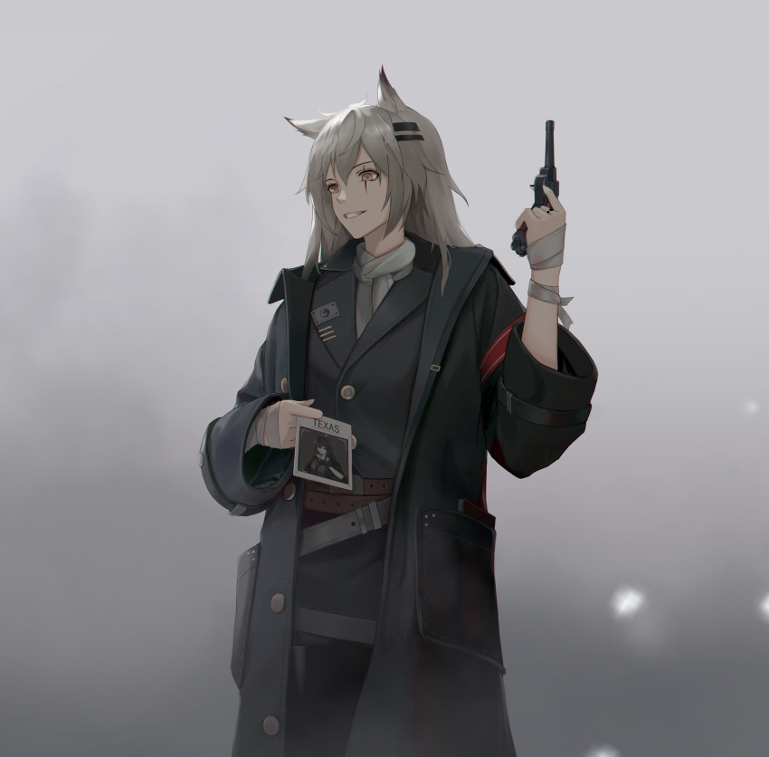 1girl absurdres animal_ears arknights belt black_coat chinese_commentary cjmy commentary_request cowboy_shot grey_background grey_hair gun hair_between_eyes hair_ornament handgun highres holding holding_gun holding_picture holding_weapon jewelry lappland_(arknights) long_hair long_sleeves revolver ring scar scar_across_eye solo teeth texas_(arknights) weapon yellow_eyes