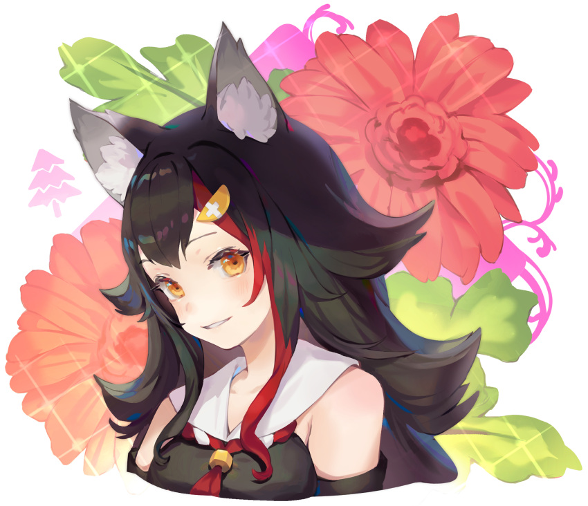 1girl animal_ear_fluff animal_ears bangs bare_shoulders bibimbub black_hair detached_sleeves floral_background grin highres hololive looking_at_viewer multicolored_hair ookami_mio portrait sailor_collar sidelocks smile solo streaked_hair teeth virtual_youtuber white_sailor_collar wolf_ears yellow_eyes