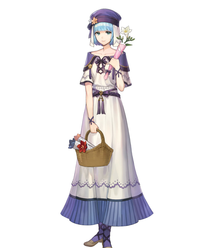 1girl bangs basket blue_eyes blue_hair breasts dress fire_emblem fire_emblem_echoes:_shadows_of_valentia fire_emblem_heroes flower full_body hakou_(barasensou) highres holding long_dress looking_at_viewer medium_breasts official_art shoes short_hair short_sleeves silque_(fire_emblem) smile solo standing transparent_background