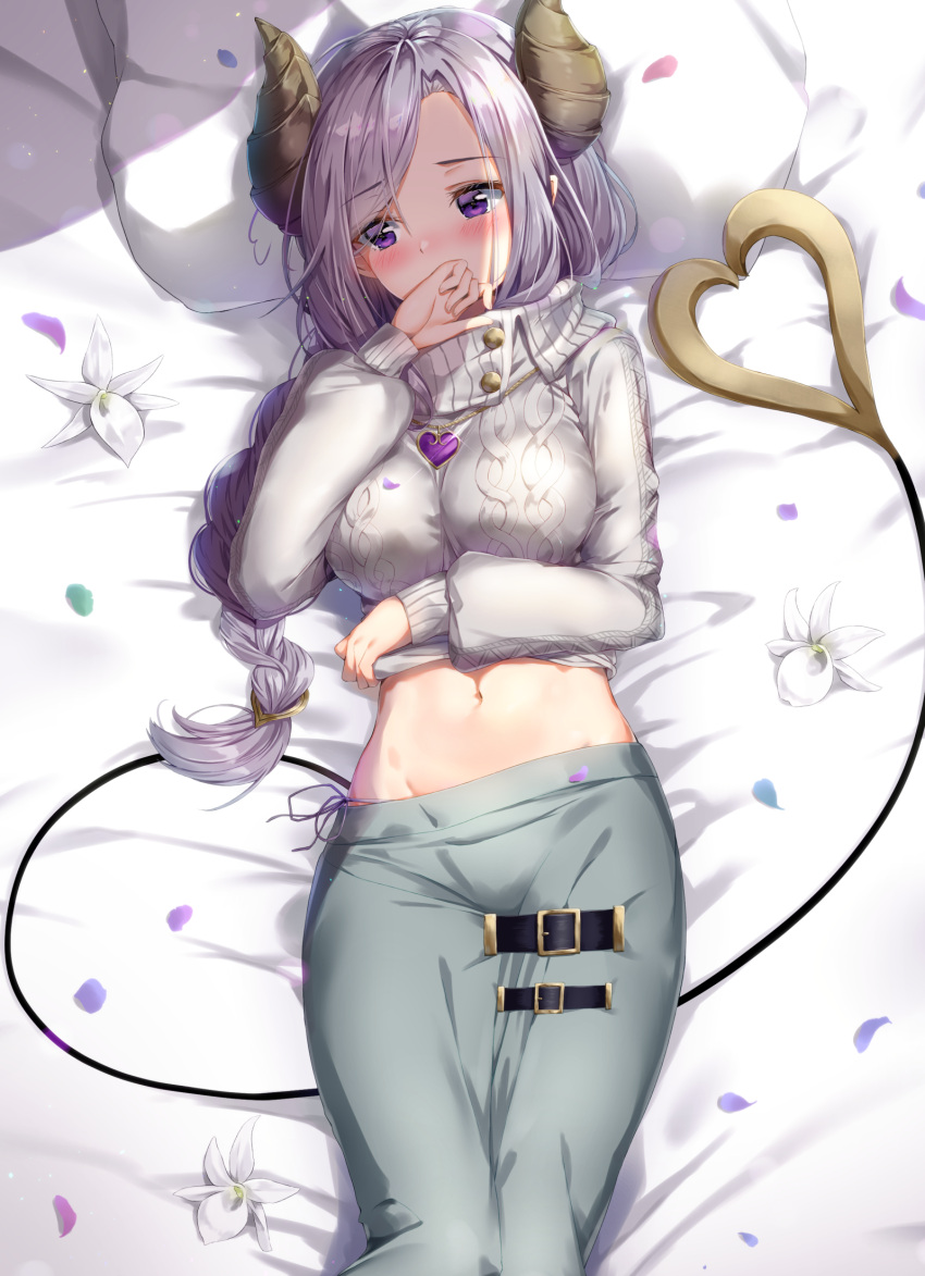 1girl aran_sweater bangs bed_sheet blush breasts clothes_lift commentary_request covered_mouth demon_girl demon_horns demon_tail eyebrows_visible_through_hair flower grey_skirt hand_up heart highres honey_strap horns kuria_(clear_trip_second) large_breasts lifted_by_self long_hair long_sleeves lying navel on_back petals puffy_long_sleeves puffy_sleeves purple_hair saionji_mary skirt solo sweater sweater_lift swept_bangs tail tail_raised very_long_hair violet_eyes virtual_youtuber white_flower white_sweater