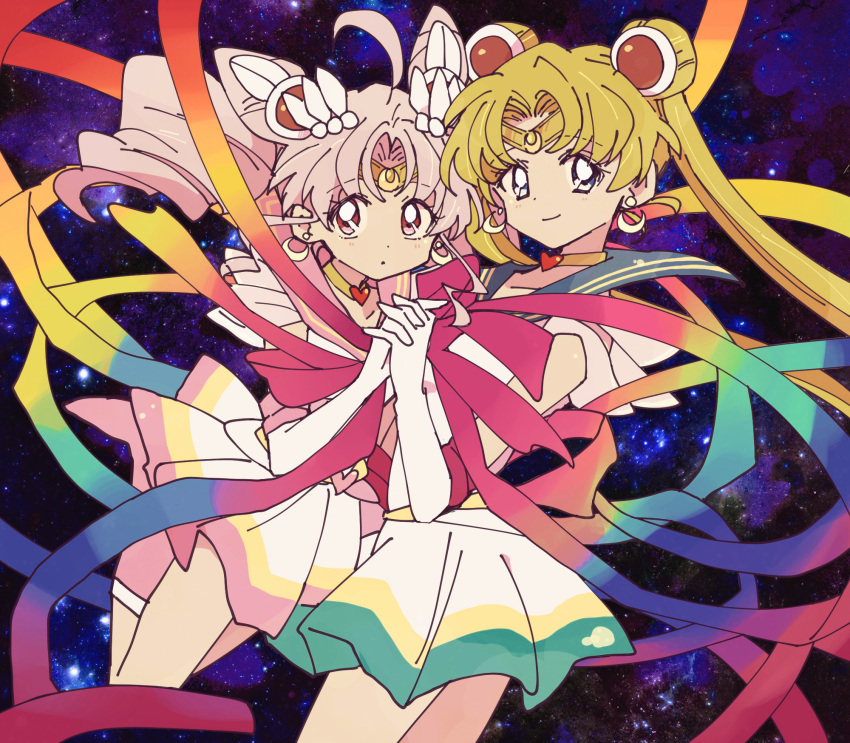 2girls bishoujo_senshi_sailor_moon blonde_hair boots bukiko crescent crescent_earrings earrings gloves highres holding_hands jewelry long_hair looking_at_viewer multiple_girls pink_footwear pink_hair sailor sailor_chibi_moon sailor_moon space super_sailor_chibi_moon super_sailor_moon twintails white_gloves