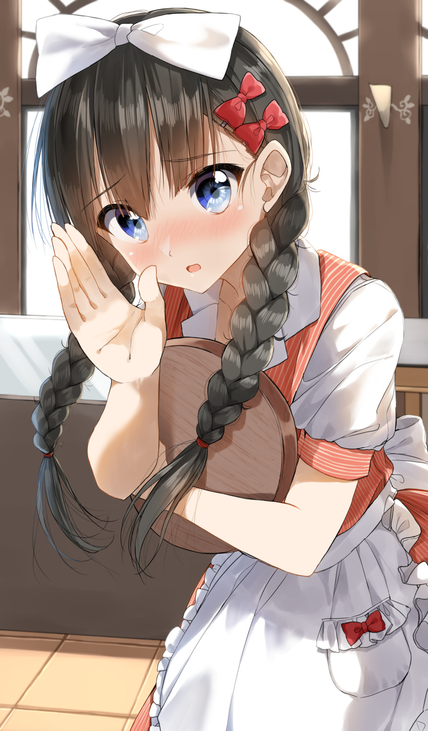 1girl absurdres apron bangs black_hair blue_eyes blush bow braid collarbone collared_shirt dress eyebrows_visible_through_hair flying_sweatdrops frilled_apron frills hair_bow hair_over_shoulder hand_to_own_mouth hand_up highres indoors long_hair looking_at_viewer nose_blush object_hug open_mouth orange_dress original pentagon_(railgun_ky1206) red_bow shirt short_sleeves sleeveless sleeveless_dress solo tile_floor tiles tray twin_braids twintails uniform waist_apron waitress white_apron white_bow white_shirt