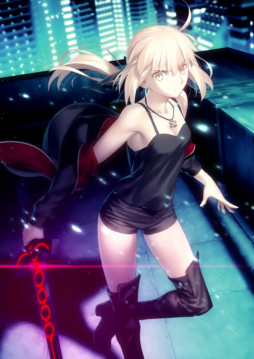 1girl absurdres artoria_pendragon_(all) blonde_hair boots breasts closed_mouth dark_excalibur dark_persona fate/grand_order fate_(series) hair_ribbon highres jet_black_king_of_knights_ver._shinjuku_1999 jewelry leg_up looking_at_viewer necklace off_shoulder official_art ribbon saber saber_alter shorts small_breasts takeuchi_takashi yellow_eyes