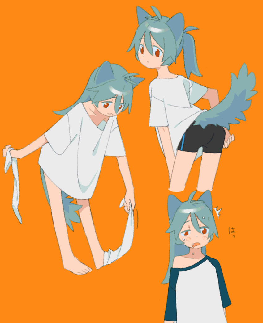 /\/\/\ 1girl :3 :| adjusting_clothes alternate_hairstyle animal_ears antenna_hair aqua_hair arms_at_sides ass bangs barefoot bike_shorts black_shorts blush cat_ears cat_girl cat_tail closed_mouth collarbone cropped_legs d: dot_nose drooling expressionless eyebrows_visible_through_hair from_behind from_side hair_between_eyes half-closed_eyes highres holding long_hair looking_back looking_down motion_lines multiple_views muted_color niwabuki off_shoulder open_mouth orange_background original outstretched_hand ponytail red_eyes removing_legwear ruka_(niwabuki) saliva shirt short_sleeves shorts simple_background sleepy smile socks sweat tail tareme upper_body white_legwear white_shirt