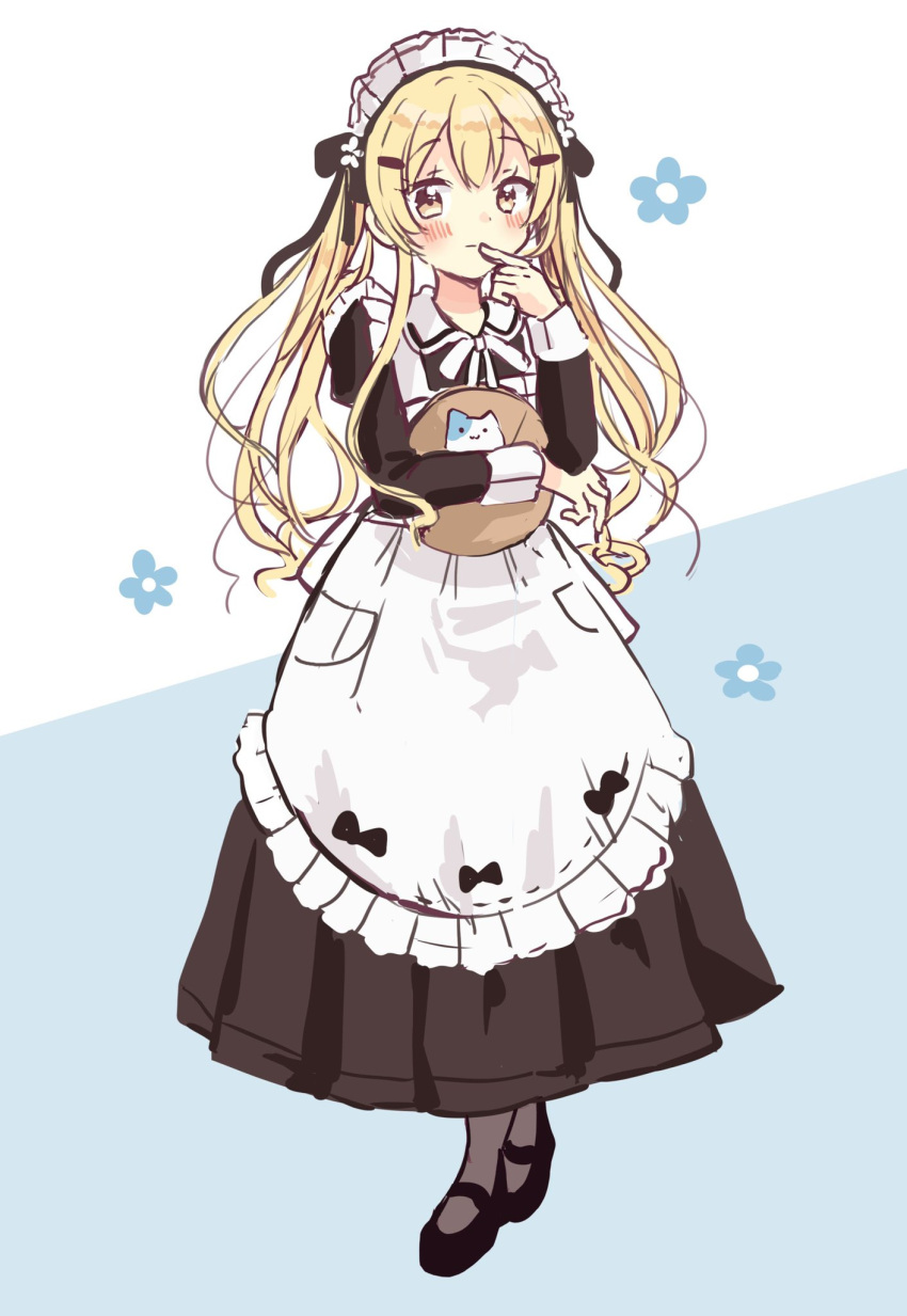 1girl apron bangs black_dress black_footwear blonde_hair blue_background blush brown_eyes brown_legwear closed_mouth dress eyebrows_visible_through_hair finger_to_mouth flower frilled_apron frills full_body hand_up highres juliet_sleeves long_hair long_sleeves looking_at_viewer maid maid_apron maid_headdress object_hug original pantyhose pleated_dress puffy_sleeves sakura_oriko shoes solo standing tray twintails two-tone_background very_long_hair white_apron white_background white_flower