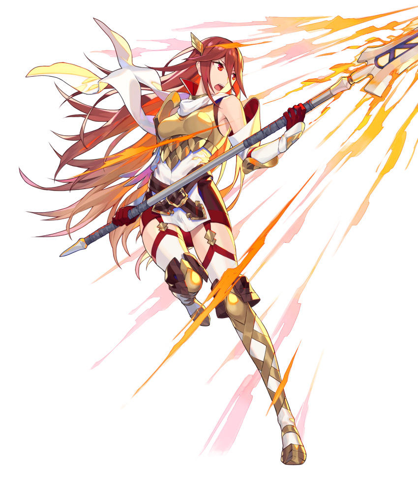 1girl armor bangs bare_shoulders belt boots breastplate cordelia_(fire_emblem) dress fire_emblem fire_emblem_awakening fire_emblem_heroes full_body garter_straps gloves highres katou_itsuwa official_art red_eyes redhead scarf shiny shiny_hair short_dress shoulder_armor solo thigh-highs thigh_boots transparent_background white_legwear white_scarf zettai_ryouiki