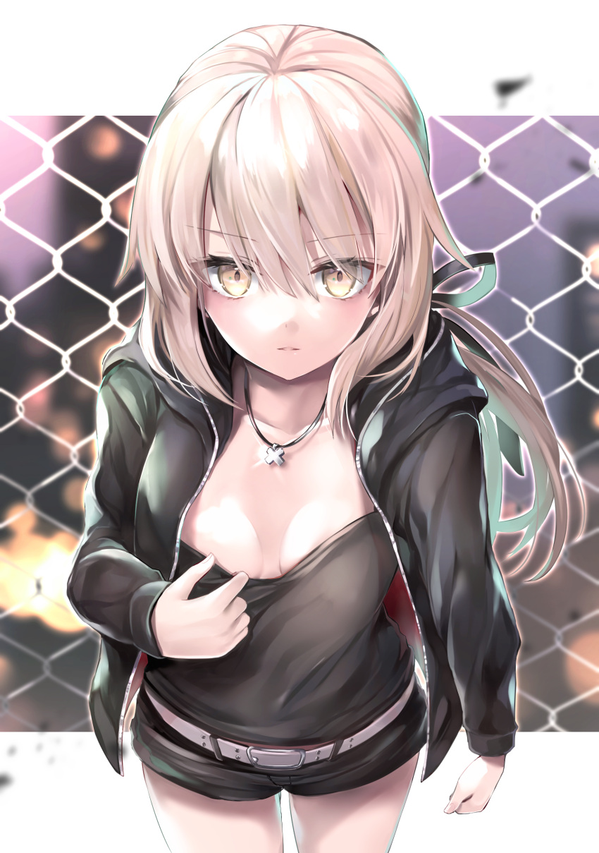 1girl absurdres artoria_pendragon_(all) bangs belt black_camisole black_jacket black_ribbon black_shorts blonde_hair blush breasts collarbone cross cross_necklace fate/grand_order fate/stay_night fate_(series) fence hair_between_eyes hair_ribbon hane_yuki highres jacket jet_black_king_of_knights_ver._shinjuku_1999 jewelry long_hair long_sleeves looking_at_viewer low_ponytail necklace open_clothes open_jacket parted_lips ribbon saber_alter short_shorts shorts sidelocks small_breasts solo thighs white_belt yellow_eyes