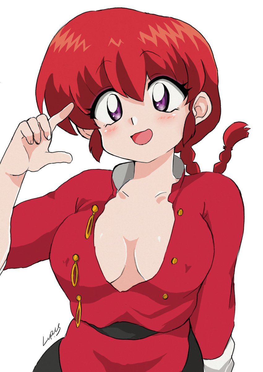 1girl absurdres blush braid breasts chinese_clothes genderswap genderswap_(mtf) highres looking_at_viewer medium_hair open_mouth ranma-chan ranma_1/2 redhead saotome_ranma simple_background single_braid smile solo tangzhuang violet_eyes white_background