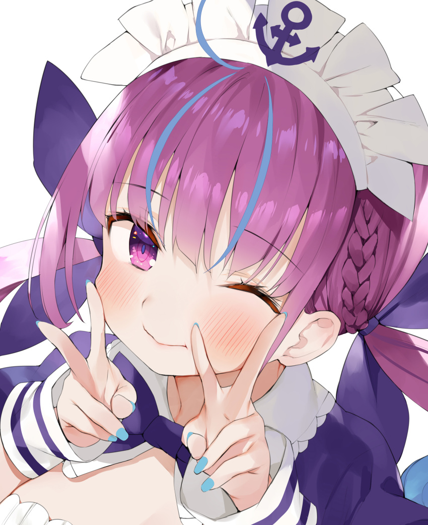 1girl absurdres ahoge anchor_symbol bangs blue_hair blue_nails blue_ribbon blush bow bowtie braid closed_mouth double_v eyebrows_visible_through_hair from_above hair_ribbon hands_up highres hololive long_hair looking_at_viewer maid maid_headdress matsui_hiroaki minato_aqua multicolored_hair nail_polish one_eye_closed purple_bow purple_hair purple_neckwear ribbon simple_background smile solo twintails two-tone_hair upper_body v violet_eyes virtual_youtuber white_background white_bow wrist_cuffs