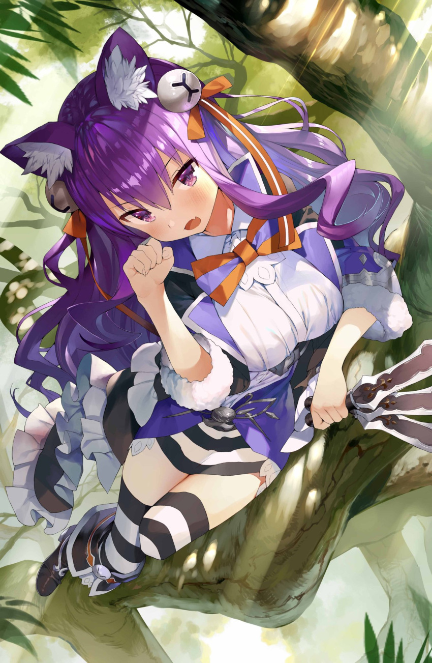 1girl animal_ear_fluff animal_ears bell boots bow bowtie breasts cat_ears dutch_angle eyebrows_visible_through_hair fang fingernails hair_bell hair_between_eyes hair_ornament hand_up highres holding holding_knife jingle_bell knife long_hair looking_at_viewer matsui_hiroaki medium_breasts open_mouth orange_neckwear original paw_pose purple_hair reverse_grip skin_fang solo striped striped_legwear thigh-highs tree very_long_hair violet_eyes