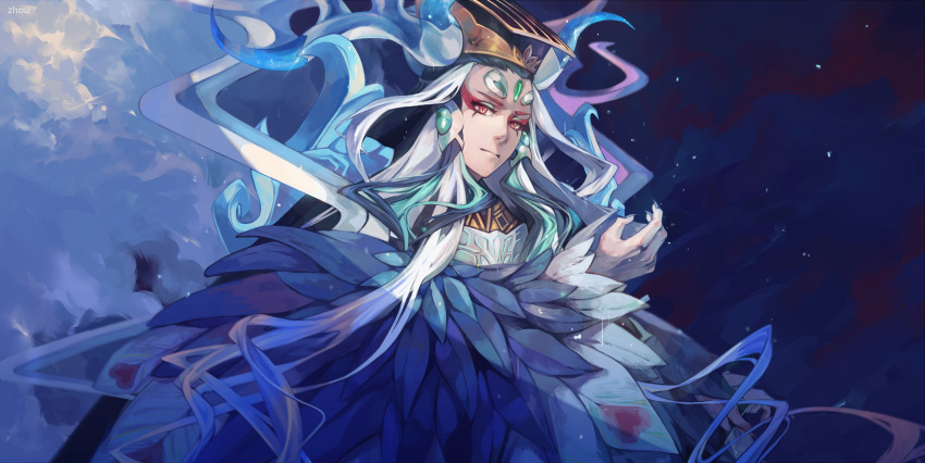 1boy black_nails closed_mouth clouds eyeshadow facial_mark fate/grand_order fate_(series) feathers fingernails green_hair hat highres long_fingernails long_hair long_sleeves looking_at_viewer makeup male_focus mian_guan multicolored_hair night night_sky qin_shi_huang_(fate/grand_order) sky solo two-tone_hair upper_body white_background yellow_eyes z.boat