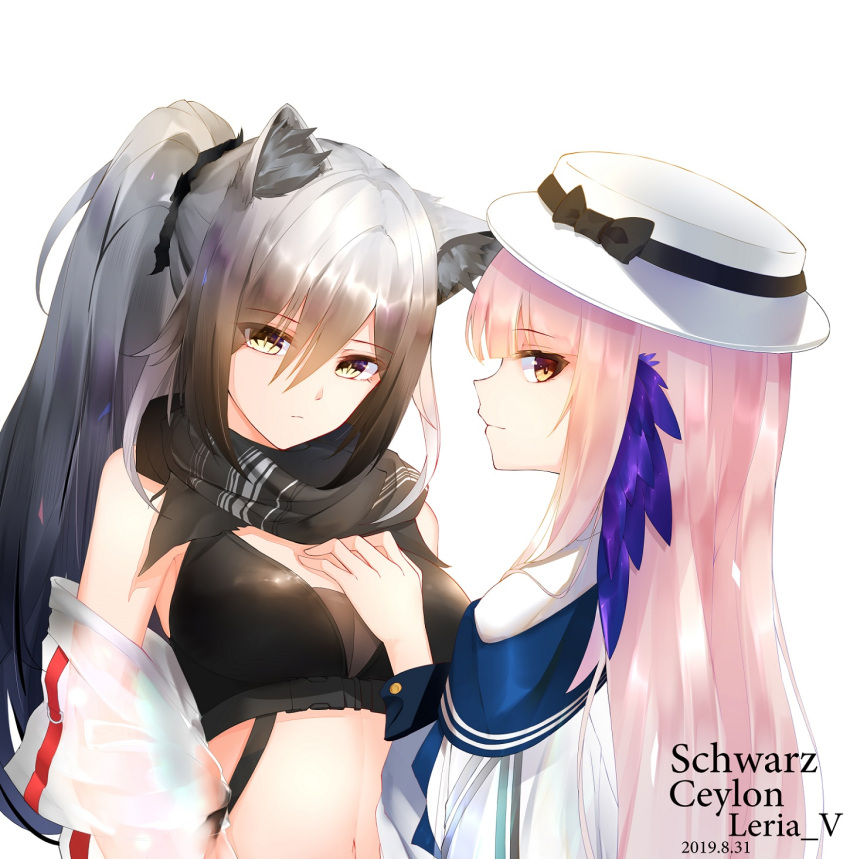 2girls animal_ear_fluff animal_ears arknights bare_shoulders black_shirt breasts brown_eyes cat_ears ceylon_(arknights) commentary_request crop_top gradient_hair grey_hair hand_on_another's_chest highres leria_v long_hair looking_at_viewer medium_breasts midriff multicolored_hair multiple_girls navel off_shoulder pink_hair ponytail profile scarf schwarz_(arknights) shirt simple_background sleeveless sleeveless_shirt stomach white_background white_headwear yellow_eyes