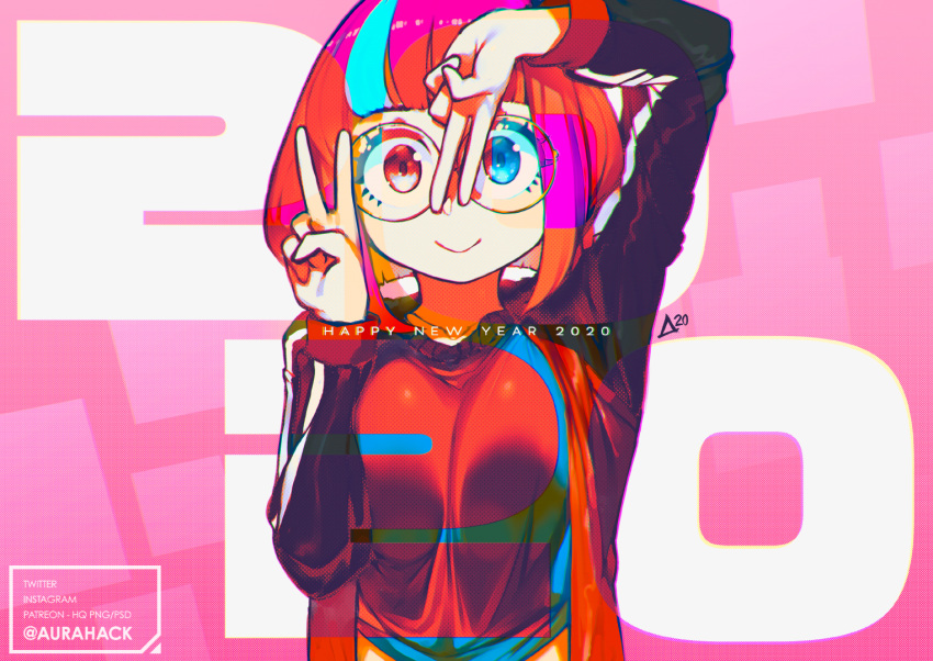 1girl 2020 aurahack commentary_request double_v glasses happy_new_year jacket multicolored_hair new_year original shirt short_hair signature smile solo two-tone_hair v