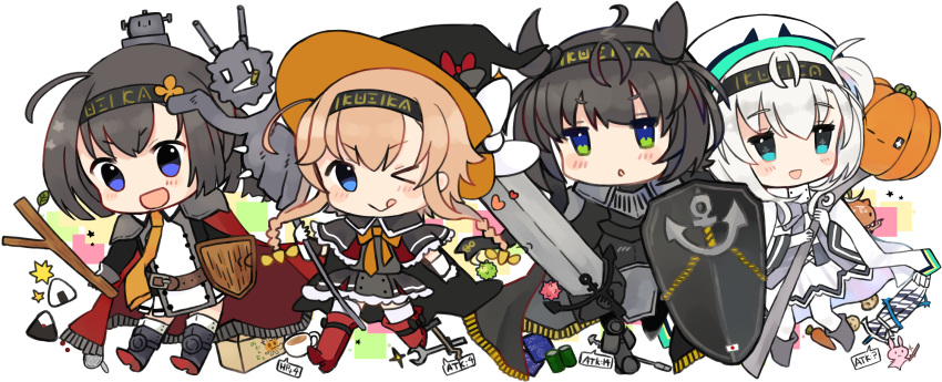 4girls :d ;&gt; akizuki_(kantai_collection) alternate_costume ammunition anchor_symbol armor bangs belt black_cape black_footwear black_gloves black_hair black_headband black_skirt blue_eyes blush bodysuit boots bow bowtie box breastplate broadsword buttons cape cardboard_box carrot closed_mouth clothes_writing commentary_request corset costume crescent_moon cup double-breasted edel_(edelcat) eyebrows_visible_through_hair food frilled_skirt frills full_body gloves greaves green_eyes grey_footwear grey_neckwear hachimaki hair_between_eyes hair_flaps hair_ornament hat hat_bow hatsuzuki_(kantai_collection) headband headgear highres holding holding_staff holding_sword holding_weapon kantai_collection leaf light_brown_hair long_hair low_twintails mage miniskirt moon motion_lines multiple_girls neckerchief one_eye_closed one_side_up onigiri open_mouth orange_neckwear pleated_skirt ponytail propeller_hair_ornament pumpkin rabbit red_cape red_footwear shield short_hair silver_hair simple_background skirt smile sparkle staff star suzutsuki_(kantai_collection) sword teacup teruzuki_(kantai_collection) thigh-highs tongue tongue_out tree_trunk turret twintails weapon white_background white_bodysuit white_bow white_cape white_gloves white_legwear white_skirt witch witch_hat
