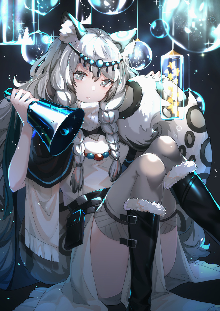 1girl absurdres animal_ear_fluff animal_ears arknights bead_necklace beads bell belt black_belt black_capelet black_footwear boots braid capelet dress fur-trimmed_boots fur_trim grey_eyes grey_hair grey_legwear highres holding_bell jewelry kotatsu_kaya leopard_ears leopard_girl leopard_tail long_hair looking_at_viewer multiple_belts necklace pramanix_(arknights) side_braids sitting solo tail thigh-highs turtleneck turtleneck_dress white_dress