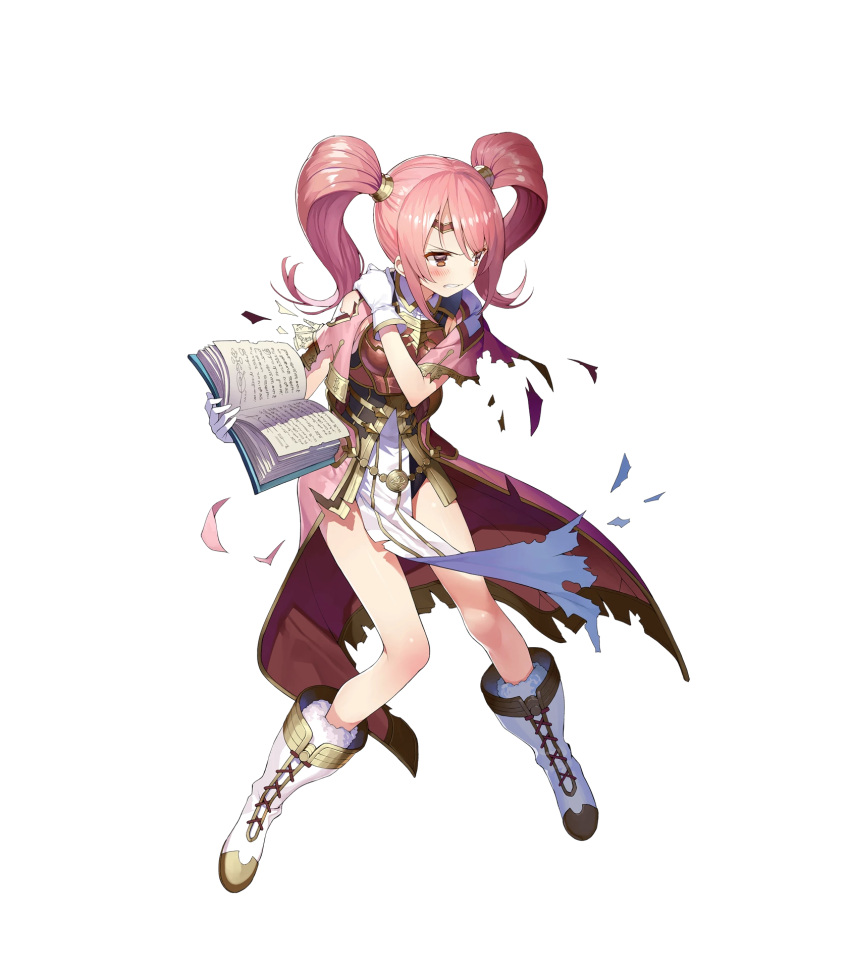1girl armor bangs blush book boots breastplate cape capelet eyebrows_visible_through_hair fire_emblem fire_emblem_echoes:_shadows_of_valentia fire_emblem_heroes full_body gloves highres holding long_hair mae_(fire_emblem) matsui_hiroaki official_art open_mouth overskirt pelvic_curtain pink_hair red_eyes solo tiara torn_clothes transparent_background twintails white_gloves