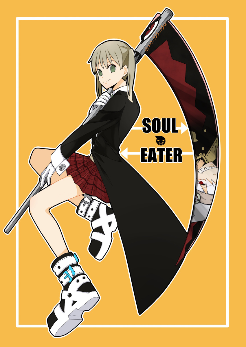 1boy 1girl absurdres blonde_hair closed_mouth gloves green_eyes highres long_hair looking_at_viewer maka_albarn necktie plaid plaid_skirt scythe simple_background skirt smile soul_eater soul_eater_(character) twintails