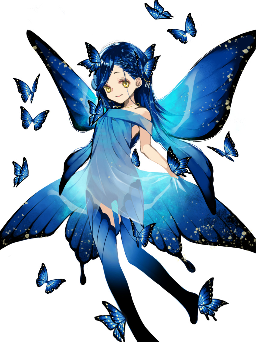 1girl araragi bad_feet bare_shoulders blue_butterfly blue_dress blue_hair blue_legwear blue_theme blue_wings braid braided_bangs butterfly_dress butterfly_on_head butterfly_wings closed_mouth dress feet_out_of_frame flying hair_ornament hair_over_one_eye hair_strand hair_wings highres honzuki_no_gekokujou jewelry long_hair looking_at_viewer maine_(honzuki_no_gekokujou) multiple_braids necklace off-shoulder_dress off_shoulder print_legwear see-through_silhouette simple_background skirt_hold smile solo white_background wings
