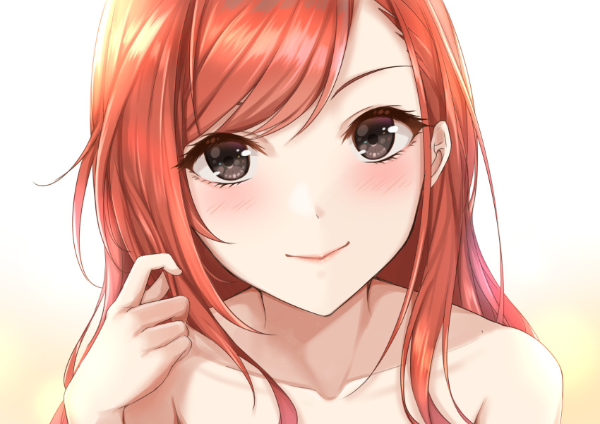 1girl arisugawa_natsuha bare_shoulders black_eyes blush brown_hair collarbone highres idolmaster idolmaster_shiny_colors long_hair simple_background smile solo yuzuyu_(hyui)