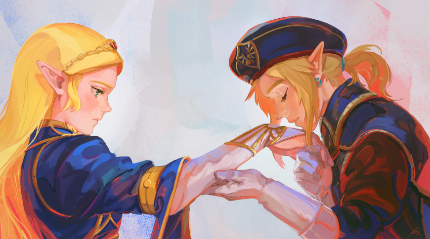 1boy 1girl beret blonde_hair blue_headwear bridal_gauntlets closed_eyes earrings gloves green_eyes hand_kiss hat highres jewelry kiss link long_hair military military_uniform parted_lips pointy_ears ponytail princess_zelda profile sellite sidelocks the_legend_of_zelda the_legend_of_zelda:_breath_of_the_wild uniform upper_body white_gloves