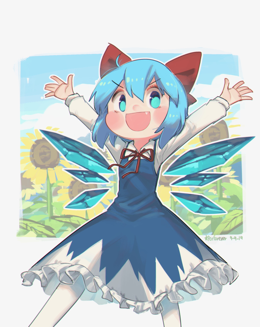 1girl artist_name blue_dress blue_eyes blue_hair bow cirno collared_shirt dated dress flower hair_bow highres ice ice_wings leaf long_sleeves outline plant porforever red_bow red_neckwear red_ribbon ribbon shirt shirt_under_dress short_hair solo sunflower touhou white_outline white_shirt wings