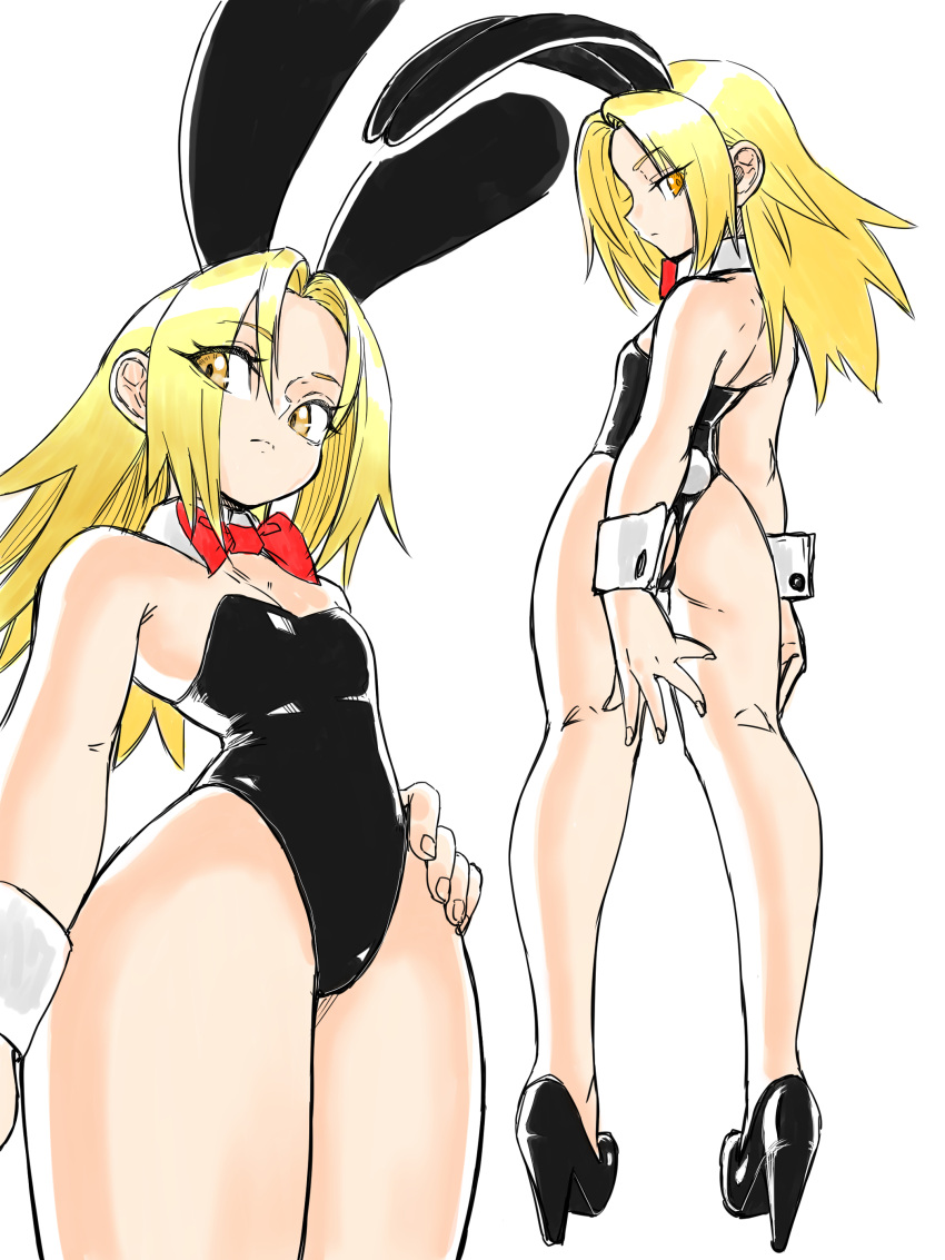 1girl absurdres animal_ears asimatosinosin ass backless_leotard bare_legs black_footwear black_leotard blonde_hair bow bowtie breasts bunny_tail collar cowboy_shot cuffs detached_collar eyes_visible_through_hair from_behind full_body hand_on_hip high_heels highres kyouyama_anna leotard long_hair looking_back multiple_views orange_eyes profile rabbit_ears red_neckwear shaman_king simple_background small_breasts tail white_background