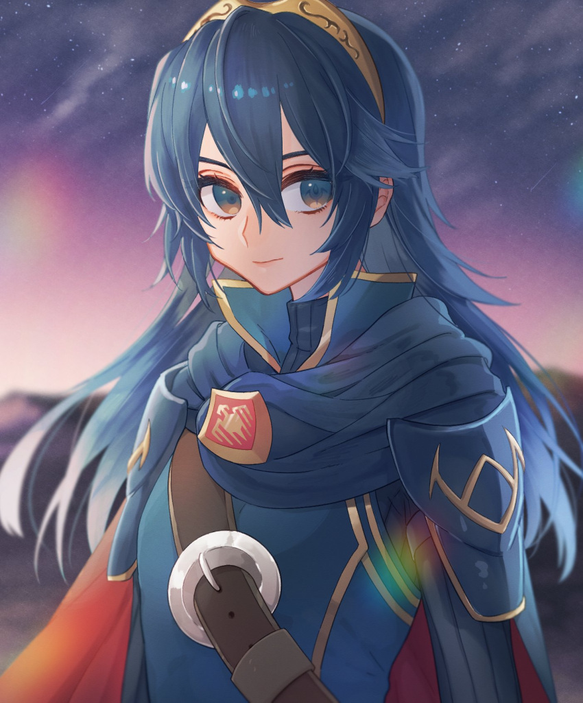 1girl armor bangs belt belt_buckle blue_cape blue_eyes blue_hair brown_belt buckle cape closed_mouth collar copyright_request female_focus fire_emblem fire_emblem:_kakusei fire_emblem:_three_houses fire_emblem_13 fire_emblem_awakening hair_between_eyes headwear highres intelligent_systems itou_(very_ito) long_hair long_sleeves looking_at_viewer lucina lucina_(fire_emblem) night nintendo red_cape sky solo star_(sky) starry_sky super_smash_bros. turtleneck upper_body