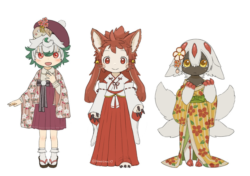 3girls animal_ears artist_name bell black_skin blush closed_mouth eyebrows_visible_through_hair faputa flower furry green_hair hair_bell hair_flower hair_ornament japanese_clothes kawasemi27 long_hair long_sleeves looking_at_viewer made_in_abyss meinya_(made_in_abyss) messy_hair miko mitty_(made_in_abyss)_(furry) multicolored_hair multiple_girls open_mouth prushka red_eyes red_skirt redhead sandals short_hair skirt smile socks twitter_username whiskers white_hair white_legwear