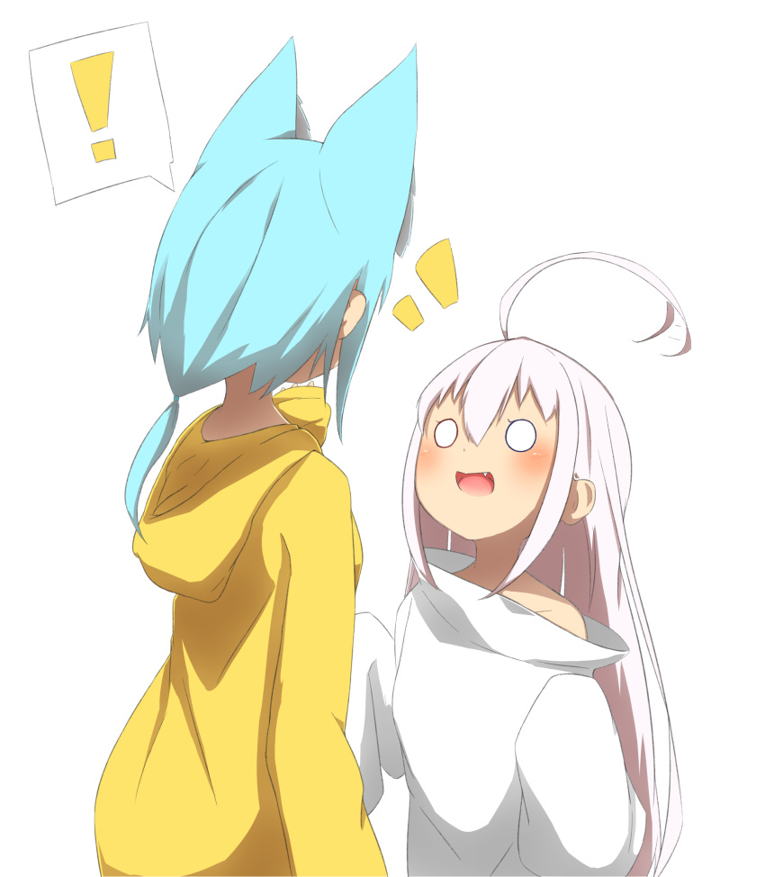 ! 2girls :d afterimage ahoge ahoge_wag animal_ears bangs bare_shoulders blue_hair blush commentary_request expressive_hair fang hair_between_eyes hand_up highres hood hood_down hoodie idaten93 long_hair long_sleeves low_ponytail multiple_girls notice_lines o_o off_shoulder open_mouth original oversized_clothes oversized_shirt ponytail ruua_(idaten93) shirt simple_background sleeves_past_fingers sleeves_past_wrists smile spoken_exclamation_mark upper_body very_long_hair white_background white_hair white_shirt yellow_hoodie