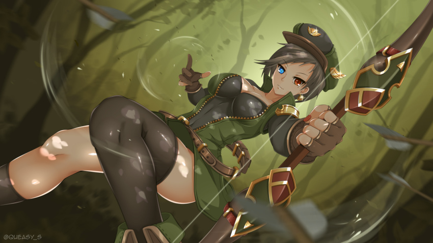 1girl archer_(maplestory_2) belt black_hair black_legwear black_shirt blue_eyes bow_(weapon) brown_gloves closed_mouth earrings fingerless_gloves fingernails gloves green_background green_footwear green_jacket green_theme hat heterochromia highres holding holding_bow_(weapon) holding_weapon jacket jewelry looking_at_viewer maplestory maplestory_2 queasy_s red_eyes red_nails shirt shoes short_hair single_thighhigh smile solo thigh-highs tree twitter_username weapon