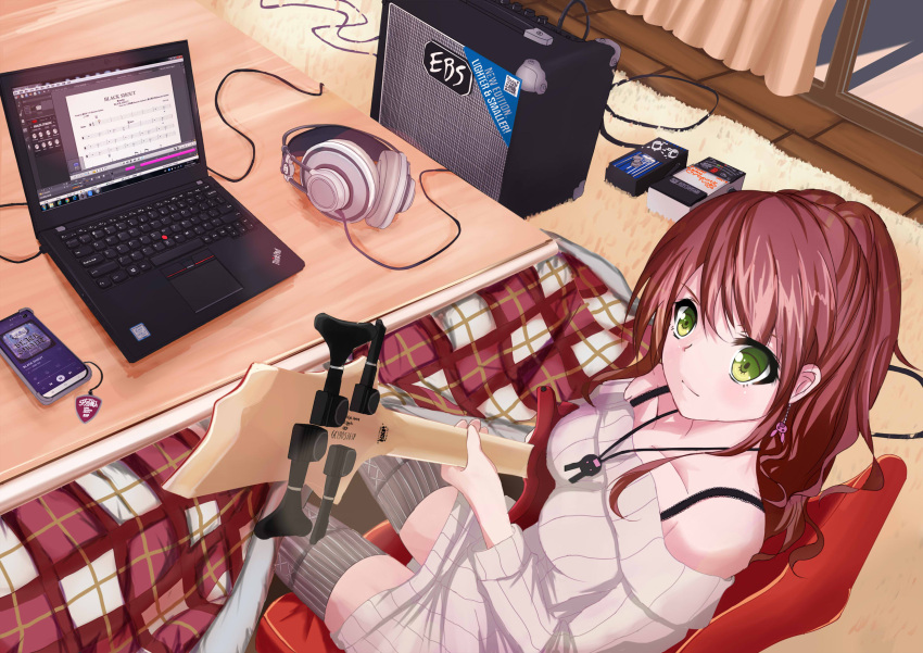 1girl amplifier bang_dream! bangs bare_shoulders bass_guitar beige_sweater breasts brown_hair bunny_earrings cable cellphone cellphone_strap chinese_commentary collarbone commentary_request computer cowboy_shot curtains cushion eyebrows_behind_hair from_above green_eyes half_updo headphones highres holding holding_instrument imai_lisa instrument jewelry kotatsu laptop large_breasts long_hair long_sleeves looking_at_viewer necklace off-shoulder_sweater off_shoulder pedal_(instrument) phone rug shadow sheet_music sidelocks smartphone smile solo striped striped_legwear sweater table thinkpad tianyu_jifeng tile_floor tiles under_kotatsu under_table window window_shade windows_7