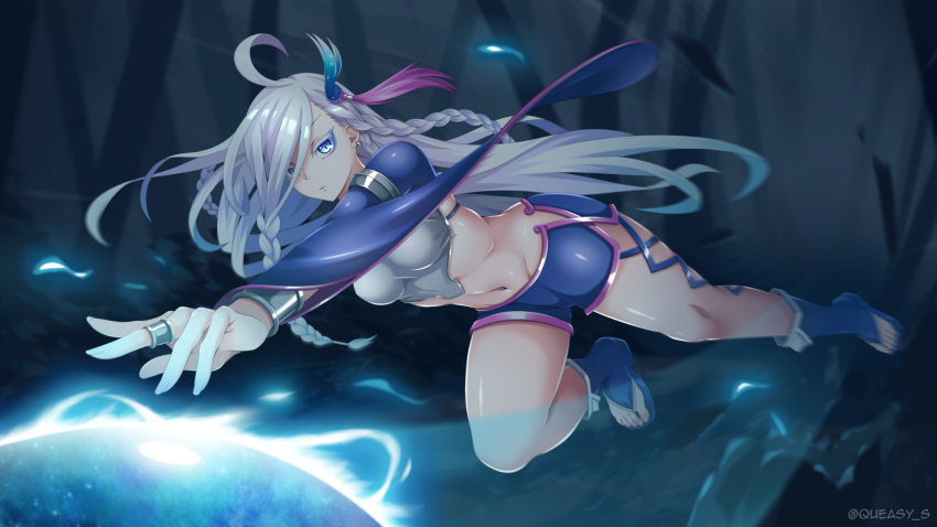 1girl ahoge bare_legs blue_eyes blue_footwear blue_shorts bracelet braid closed_mouth colored_eyelashes expressionless full_body hair_ornament highres jewelry leaning_forward long_hair looking_at_viewer magic maplestory maplestory_2 midriff navel night queasy_s ring short_shorts shorts solo soul_binder_(maplestory_2) tassel toeless_legwear twitter_username white_hair