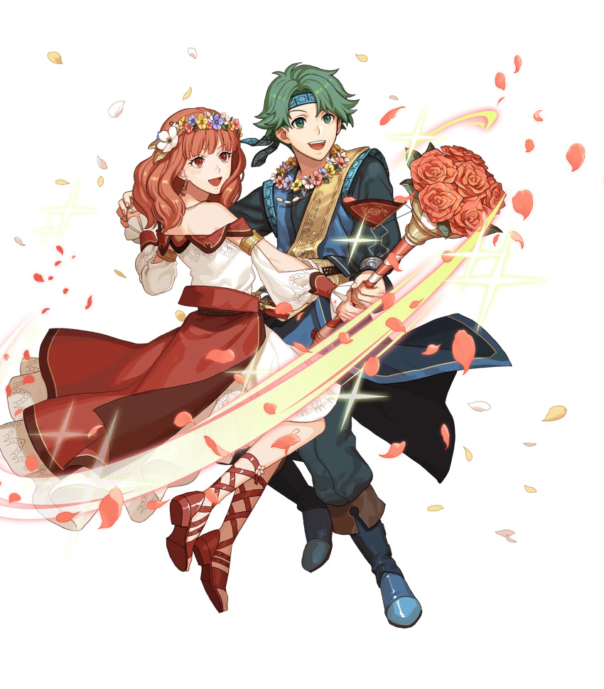 1boy 1girl alm_(fire_emblem) alternate_costume belt boots bouquet celica_(fire_emblem) earrings fire_emblem fire_emblem_echoes:_shadows_of_valentia fire_emblem_heroes flower full_body green_eyes green_hair hair_flower hair_ornament headband highres jewelry long_hair necklace official_art open_mouth petals red_eyes redhead sandals sparkle teeth transparent_background