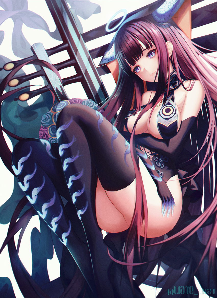 1girl andi_1021 arm_under_breasts ass bangs bare_shoulders black_dress black_gloves black_headwear black_legwear blue_eyes blunt_bangs blush breasts center_opening closed_mouth dress elbow_gloves fate/grand_order fate_(series) gloves halo highres knees_up large_breasts legs long_hair looking_at_viewer pipa_(instrument) purple_hair sash simple_background smile solo thigh-highs thighs very_long_hair white_background yang_guifei_(fate/grand_order)