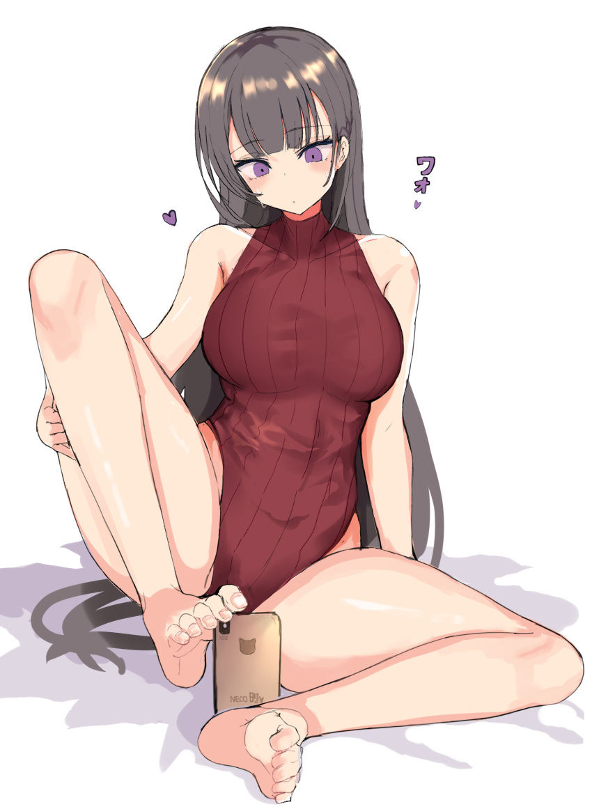 1girl ? absurdres ass bangs bare_shoulders barefoot black_hair blush breasts cellphone fafas68 heart highres leotard long_hair original phone ribbed_sweater sitting smartphone solo spread_legs sweatdrop sweater very_long_hair violet_eyes