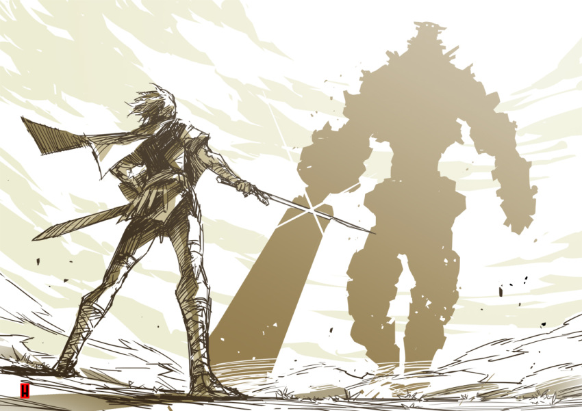 1boy cape clouds cloudy_sky dust fighting_stance giant harymachinegun holding holding_sword holding_weapon monochrome muted_color scabbard shadow_of_the_colossus sheath size_difference sky sparkle standing sword walking weapon